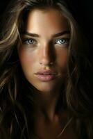 ein schön Frau mit lange Haar und Blau Augen generativ ai foto