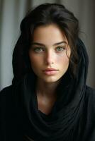 ein schön jung Frau mit dunkel Haar tragen ein schwarz Schal generativ ai foto