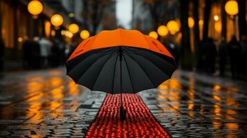 ein schwarz und Orange Regenschirm Sitzung auf das Boden im das Regen generativ ai foto