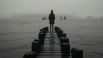 ein schwarz und Weiß Foto von ein Person Stehen auf ein Seebrücke generativ ai