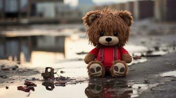 ein braun Teddy Bär Sitzung im ein Pfütze von Wasser generativ ai foto