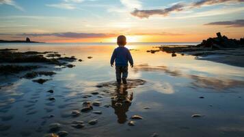 ein Kind Gehen auf das Strand beim Sonnenuntergang generativ ai foto