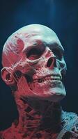 ein schließen oben von ein Skelette Gesicht mit rot und Blau Beleuchtung generativ ai foto