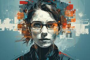 ein Digital Gemälde von ein Frau mit Brille generativ ai foto