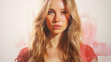 ein Digital Gemälde von ein Frau mit lange blond Haar generativ ai foto
