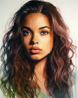 ein Digital Gemälde von ein Frau mit lange braun Haar generativ ai foto