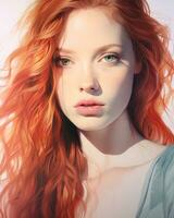 ein Digital Gemälde von ein Frau mit lange rot Haar generativ ai foto