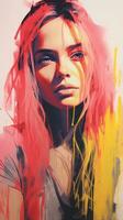 ein Digital Gemälde von ein Frau mit Rosa Haar generativ ai foto