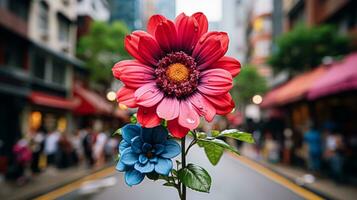 ein Blume im das Mitte von ein Stadt Straße generativ ai foto