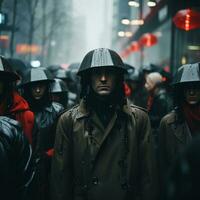 ein Gruppe von Menschen tragen Regenmäntel und Regenschirme generativ ai foto