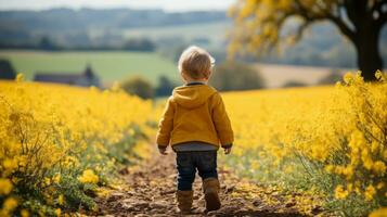 ein wenig Junge Gehen durch ein Feld von Gelb Blumen generativ ai foto