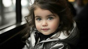 ein wenig Mädchen im ein Silber Jacke suchen aus das Fenster generativ ai foto