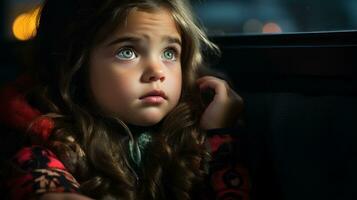 ein wenig Mädchen suchen aus das Fenster beim Nacht generativ ai foto