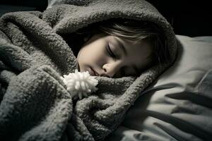 ein wenig Mädchen Schlafen im Bett mit ein Weiß Teddy Bär generativ ai foto