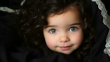 ein wenig Mädchen mit groß Blau Augen ist Verlegung auf ein schwarz Decke generativ ai foto