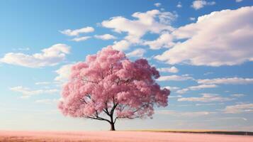 ein einsam Rosa Baum steht im das Mitte von ein Feld generativ ai foto
