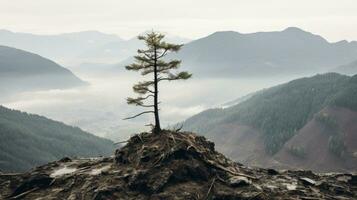 ein einsam Baum ist Stehen auf oben von ein Berg generativ ai foto