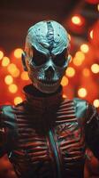 ein Mann im ein Skelett Kostüm Stehen im Vorderseite von Beleuchtung generativ ai foto