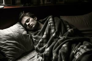 ein Mann ist Schlafen auf ein Bett unter ein Decke generativ ai foto
