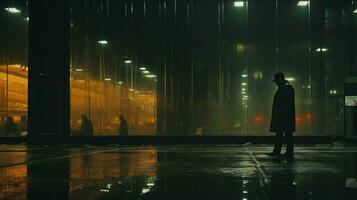 ein Mann ist Stehen im das Regen beim Nacht generativ ai foto
