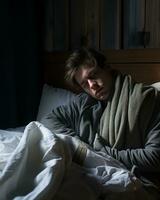 ein Mann Verlegung im Bett mit ein Decke eingewickelt um ihm generativ ai foto