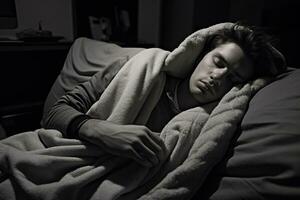 ein Mann Schlafen auf ein Bett mit ein Decke eingewickelt um ihm generativ ai foto