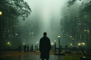 ein Mann Stehen im das Mitte von ein Park im das Nebel generativ ai foto