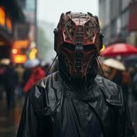 ein Mann tragen ein Maske auf ein regnerisch Tag generativ ai foto