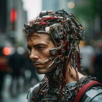 ein Mann tragen ein Roboter Kopf auf ein Stadt Straße generativ ai foto