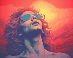 ein Gemälde von ein Mann mit Sonnenbrille auf seine Gesicht generativ ai foto