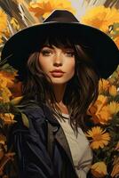 ein Gemälde von ein Frau mit ein Hut und Blumen generativ ai foto