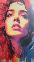 ein Gemälde von ein Frau mit rot Haar und Blau Augen generativ ai foto