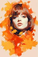 ein Gemälde von ein Frau mit rot Haar umgeben durch Herbst Blätter generativ ai foto