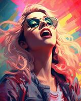 ein Gemälde von ein Frau mit Sonnenbrille auf ihr Gesicht generativ ai foto