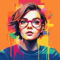 ein Gemälde von ein jung Frau mit Brille auf ein Orange Hintergrund generativ ai foto