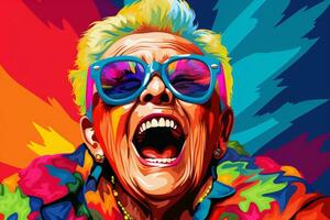 ein Gemälde von ein älter Frau tragen Sonnenbrille und ein bunt Hemd generativ ai foto