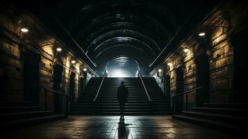 ein Person Stehen im das dunkel beim das oben von etwas Treppe generativ ai foto