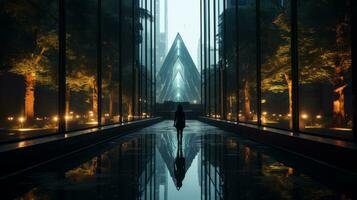 ein Person Stehen im Vorderseite von ein Gebäude beim Nacht generativ ai foto