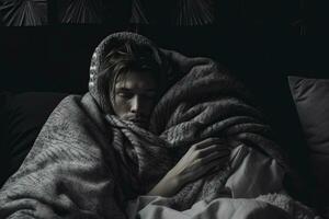 ein Person eingewickelt im ein Decke auf ein Bett generativ ai foto