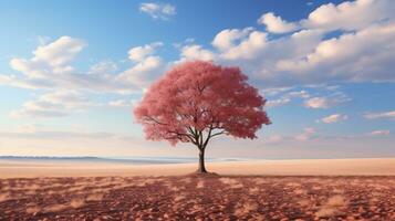 ein Rosa Baum steht allein im das Mitte von ein leeren Feld generativ ai foto