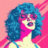 ein Pop Kunst Stil Illustration von ein Frau mit Blau Haar und Sonnenbrille generativ ai foto