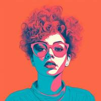 ein Pop Kunst Stil Illustration von ein Frau mit lockig Haar und Brille generativ ai foto