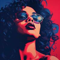 ein Pop Kunst Stil Porträt von ein Frau tragen Sonnenbrille generativ ai foto