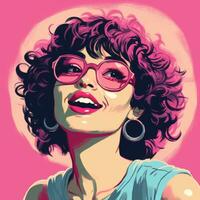 ein Pop Kunst Stil Porträt von ein Frau mit Brille und lockig Haar generativ ai foto