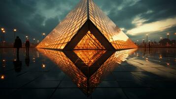 ein Pyramide geformt Gebäude mit Menschen Stehen im Vorderseite von es generativ ai foto