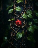 ein rot Rose im das Mitte von ein Ranke generativ ai foto