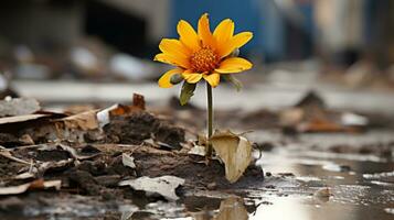 ein Single Gelb Blume ist wachsend aus von das Boden im ein Pfütze generativ ai foto