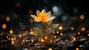 ein Single Gelb Lotus Blume im das Mitte von ein dunkel Feld generativ ai foto