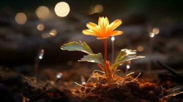 ein klein Orange Blume ist wachsend im das Schmutz generativ ai foto