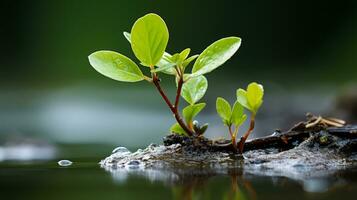 ein klein Pflanze ist wachsend aus von das Wasser generativ ai foto